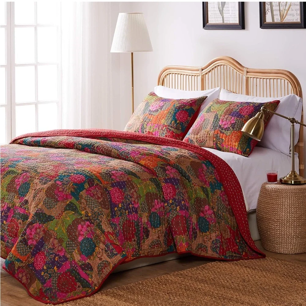 GREENLAND HOME NWT 100% cotton Kantha quilted Reversible bedding set -twin